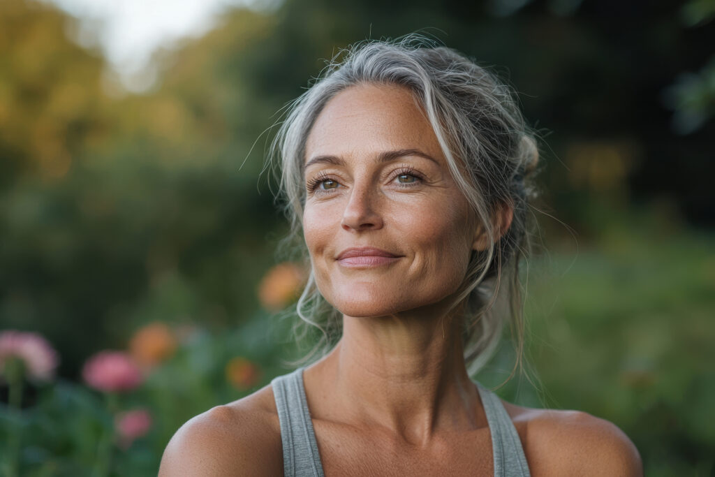 Mature caucasian female smiling outdoors in nature with soft background